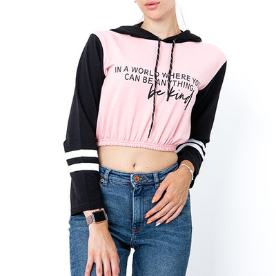 Pink women's crop-top hooded sweatshirt with inscriptions - Clothing