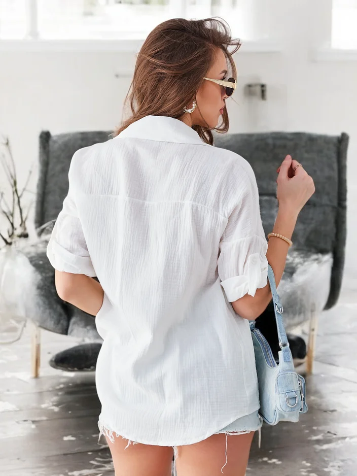 Royalfashion Sieviešu kokvilnas krekls ar reljefu, V veida kakla izgriezumu un 3/4 piedurknēm