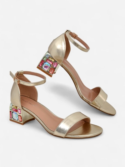 Elektra Aurelia – gold sandals on a block heel with colorful crystals 5.5 cm