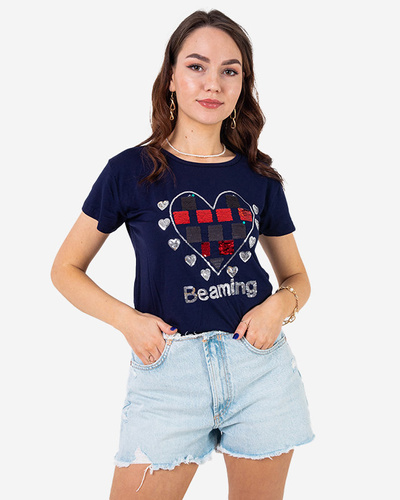 Navy blue women's t-shirt with print - Clothing