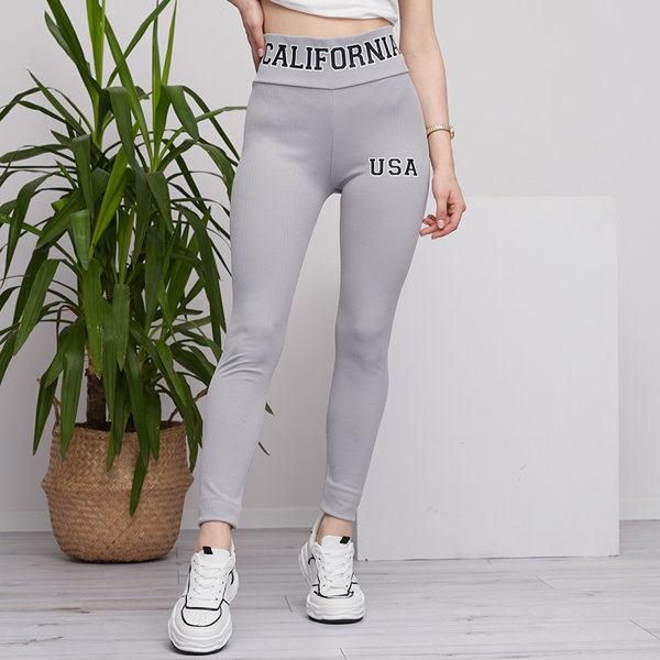Light gray women's ribbed leggings with inscriptions - Clothing
