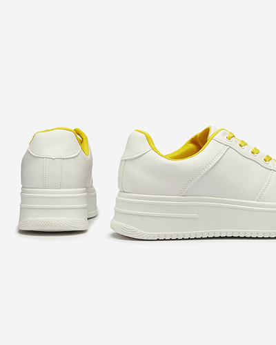 White women's sports sneakers with yellow laces Smaffo- Footwear