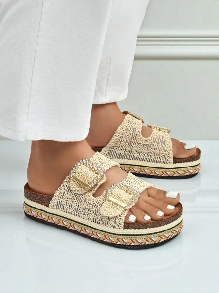 Royalfashion Women's mules with rhinestone buckles GlamCork