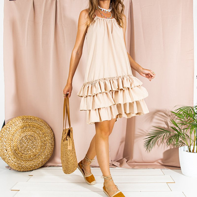 Beige women's shoulder dress with frills - Clothing