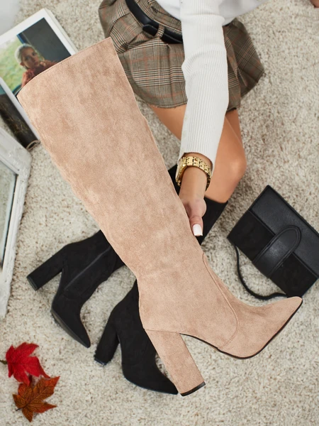 Damen-Öko-Wildleder-Schaftstiefel mat Blockabsatz Feravi