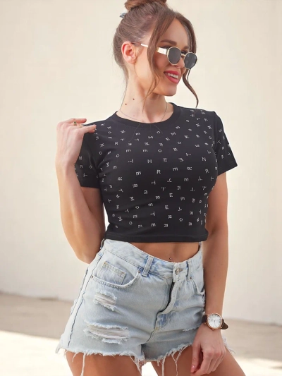 Royalfashion Cotton women's crop top with rhinestones and letters