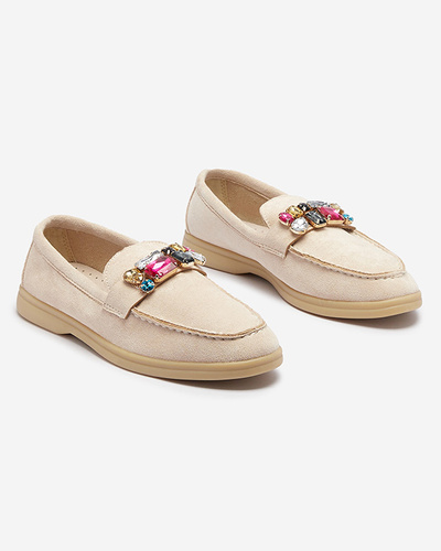 Eco suede beige women's moccasins with decorative crystals Nellens- Footwear