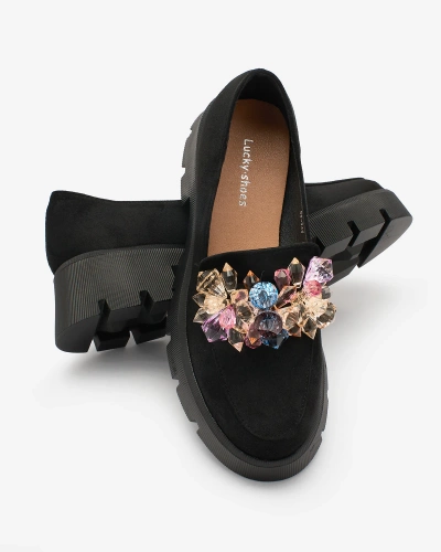 Royalfashion Black women's moccasins with colorful crystals Crystal Glam