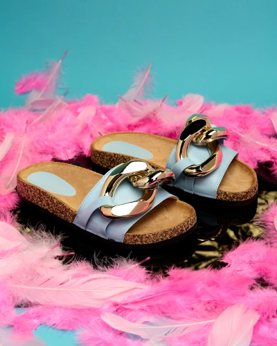 Ladies' blue slippers with decoration at Fixci- Footwear