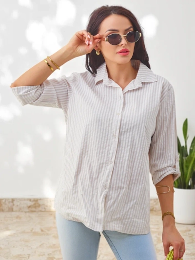 Royalfashion Women's cotton striped shirt with a tie at the bottom