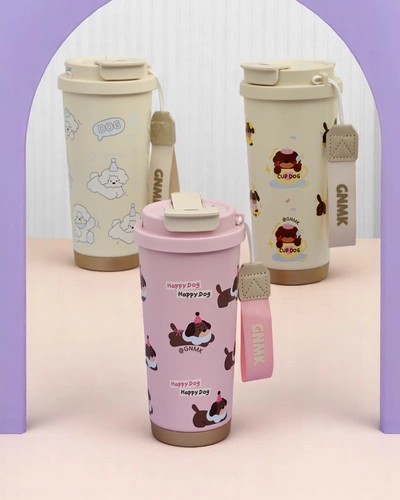 Royalfashion Thermal mug with a basket, straw, and spout Happy Dog