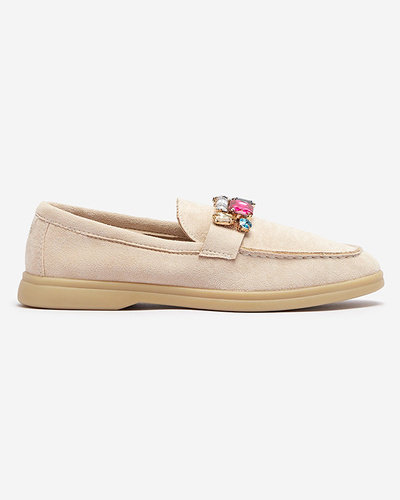 Eco suede beige women's moccasins with decorative crystals Nellens- Footwear