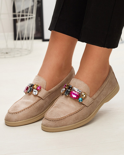 Eco suede light brown women's moccasins with decorative crystals Nellens- Footwear