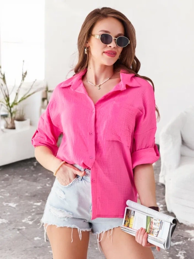 Royalfashion kokvilnas sieviešu krekls ar reljefu, V-veida kakla izgriezumu un 3/4 piedurknēm