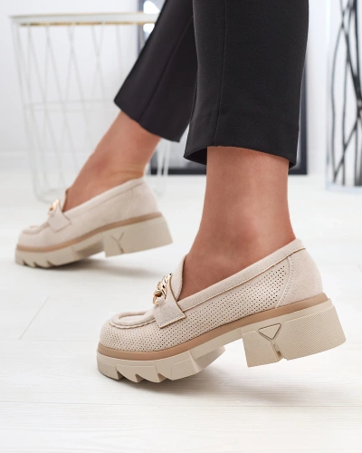 Eco-suede moccasins with gold decoration in cream color Zaffix- Footwear