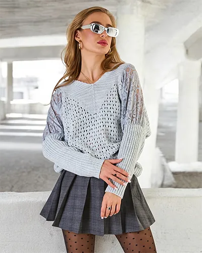 Royalfashion Women's openwork sweater with lace