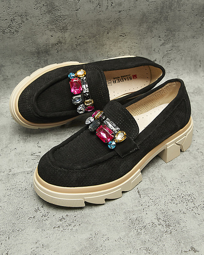 Black openwork women's moccasins with Bokkso decoration- Footwear