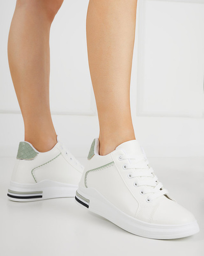 OUTLET White and green women's sneakers with a hidden Uksy wedge - Footwear