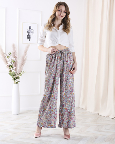 Patterned wide-leg pants for women in cream color- Clothing