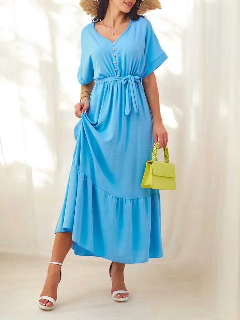 Royalfashion Sieviešu midi kleita ar īsām piedurknēm un dekoratīviem pogām