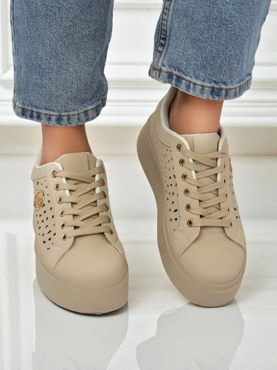 Cleo Ecru Platino – beżowe sneakersy na platformie Royalfashion skóra eko