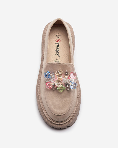 Light brown women's moccasins with colorful beads Hetika - Footwear