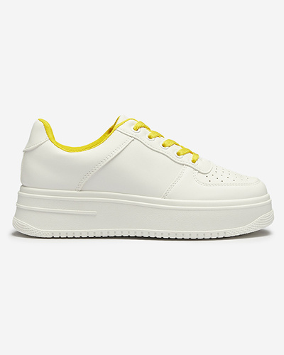 White women's sports sneakers with yellow laces Smaffo- Footwear