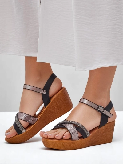 Royalfashion Women's wedge sandals with rhinestones and glitter Glittera