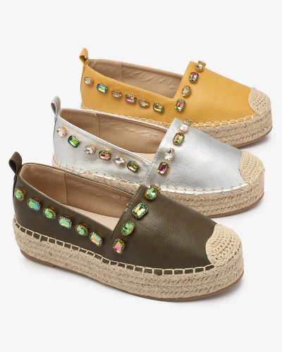 Women's espadrilles with crystals in khaki green - Footwear