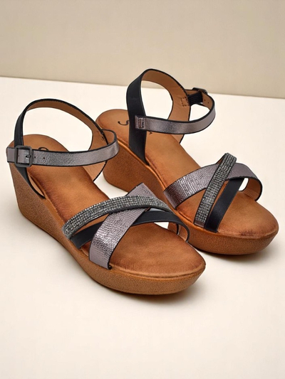 Royalfashion Women's wedge sandals with rhinestones and glitter Glittera