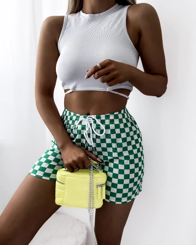 Women's white and green checkered fabric short shorts PLUS SIZE- Clothing