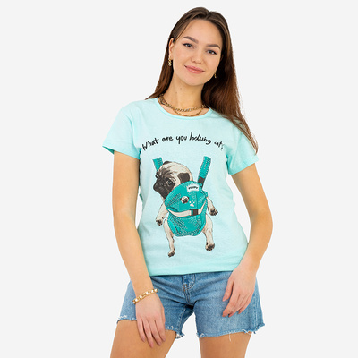 Women's mint t-shirt with colored print - Clothing