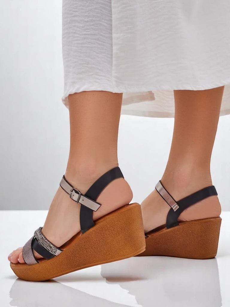 Royalfashion Women's wedge sandals with rhinestones and glitter Glittera