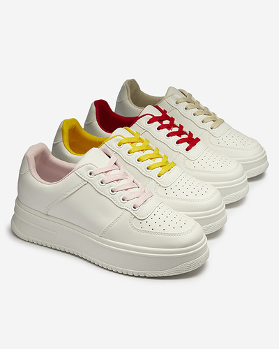 White women's sports sneakers with yellow laces Smaffo- Footwear