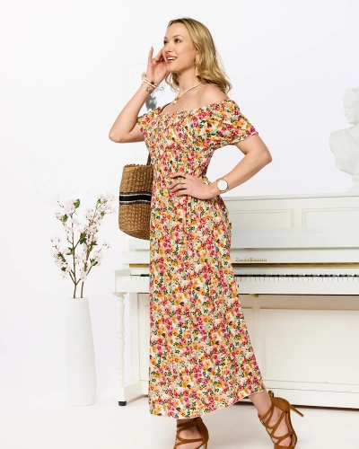 White women's midi dress with floral pattern- Clothing