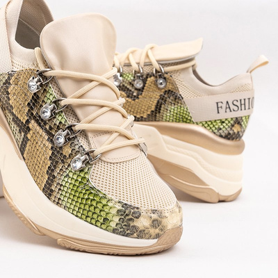 Beige sports sneakers for women with color embossing a'la snake skin Aminov - Footwear