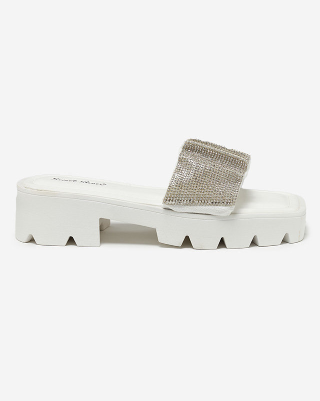 OUTLET White women's slippers with cubic zirconias Emkoy- Footwear