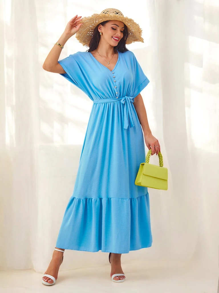 Royalfashion Sieviešu midi kleita ar īsām piedurknēm un dekoratīviem pogām