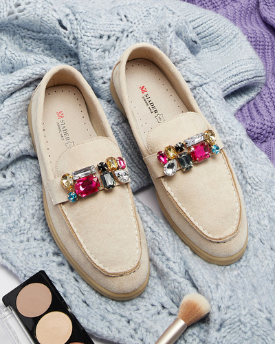 Eco suede beige women's moccasins with decorative crystals Nellens- Footwear