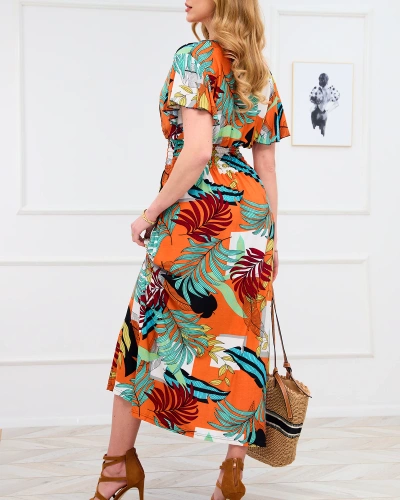 Orange women's long dress with floral pattern - Clothing