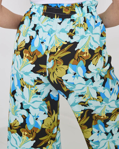 Women's blue palazzo pants with colorful flowers - Clothing