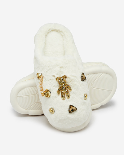 Royalfashion White women's fur slippers with ornaments Erserra