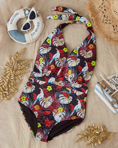 Melns un dzeltens sieviešu rakstains viendaļīgs peldkostīms - Apģērbs