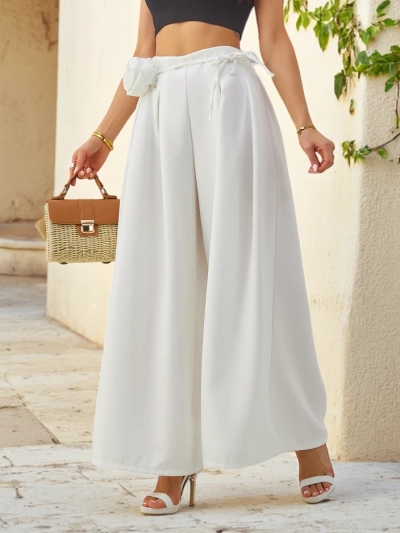 Royalfashion Элегантные широкие женские брюки с декоративным цветком на поясе