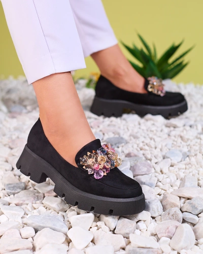 Royalfashion Black women's moccasins with colorful crystals Crystal Glam