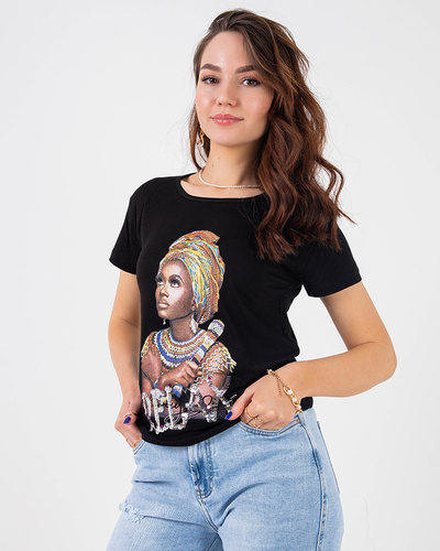 Black women's t-shirt with colored print and sequins - Clothing