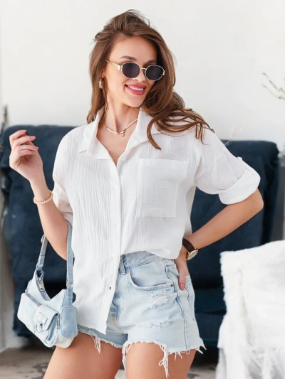 Royalfashion Sieviešu kokvilnas krekls ar reljefu, V veida kakla izgriezumu un 3/4 piedurknēm