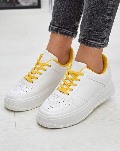 White women's sports sneakers with yellow laces Smaffo- Footwear