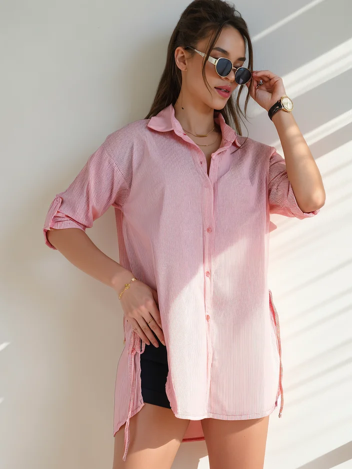 Royalfashion Cotton longer women's shirt with stripes and waist tie