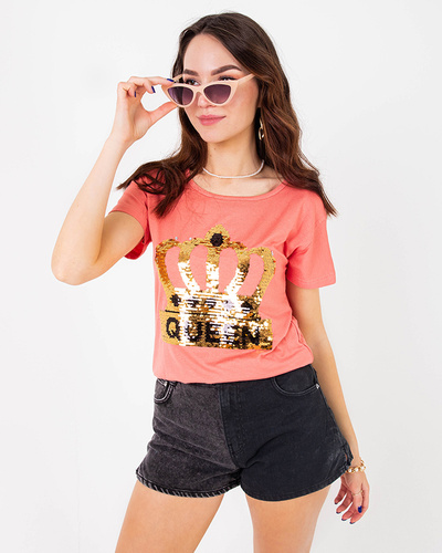 Coral women's t-shirt with crown and sequins - Clothing